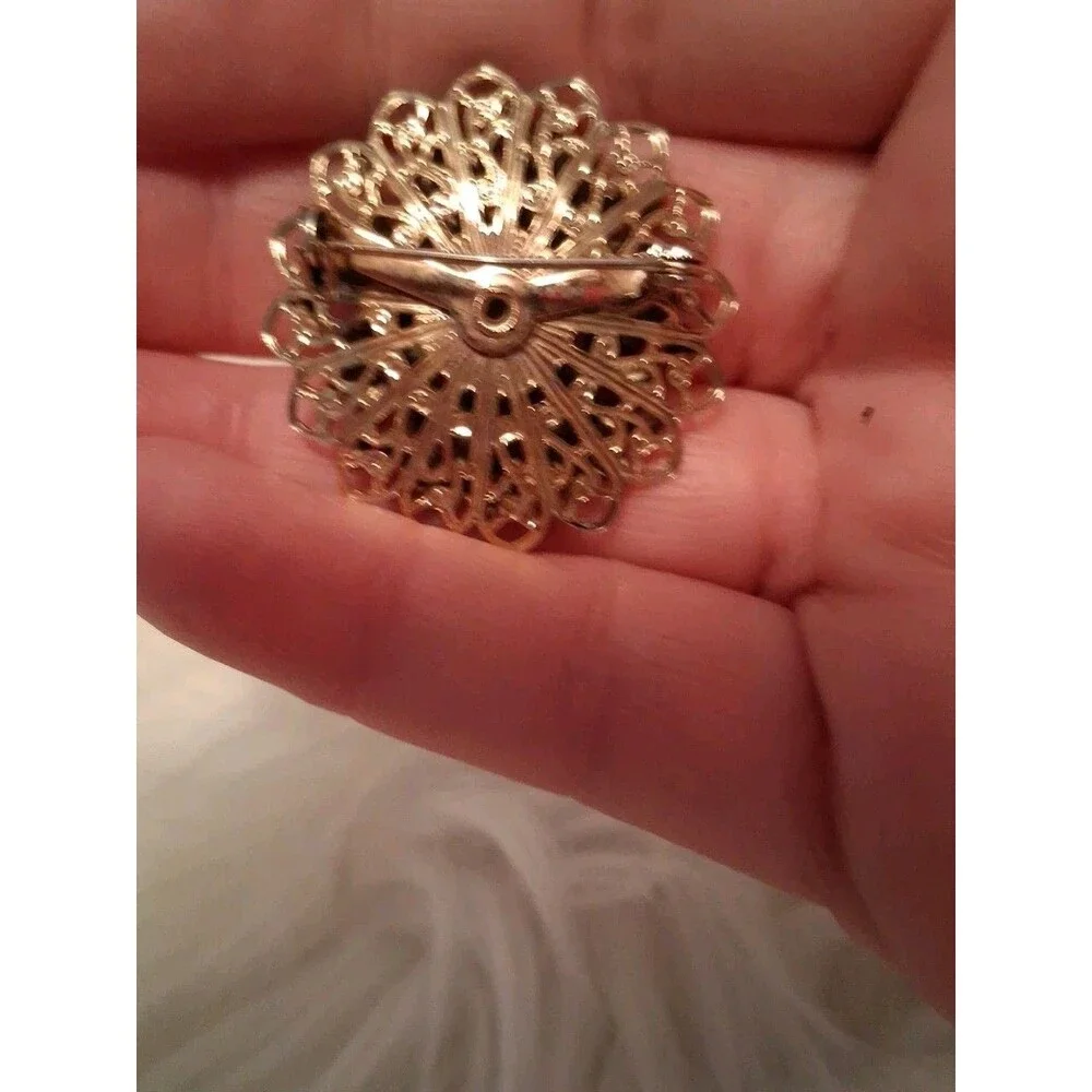 Vintage Moonstone  Rhinestones Brooch Gold Tone